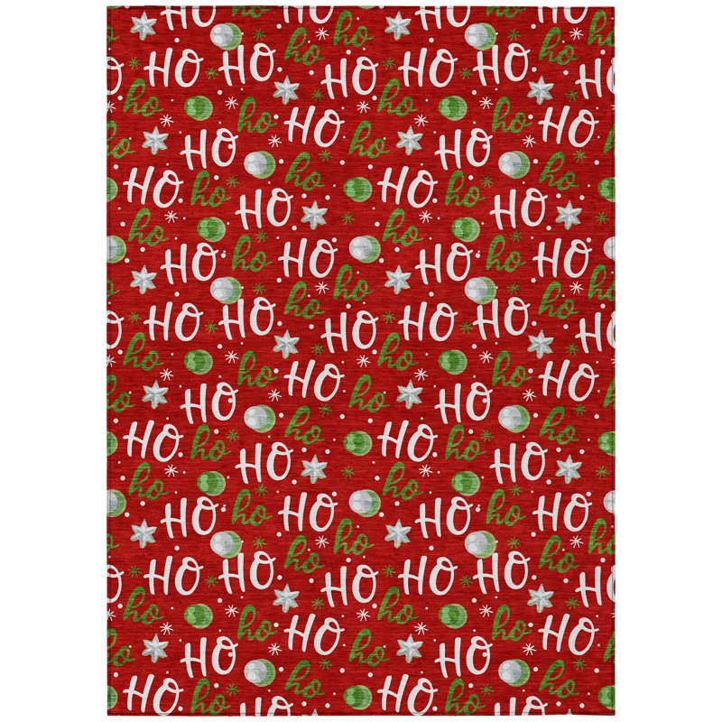 Machine Washable Indoor/Outdoor Snowflake Ho Ho Ho Xhevrie Red Rug, Rectangle 10' x 14'