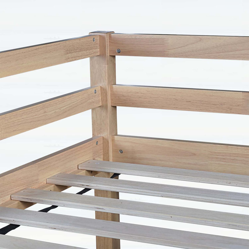 Lit simple mezzanine bas avec glissière, échelle et garde-corps de sécurité, fabriqué en bois d'hévéa durable pour un sommeil amusant et sécuritaire