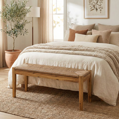 Vigo 46" Boho Solid Acacia Wood Bench with Hand-Woven Scandi-Style Rope Seat