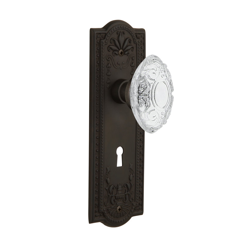 Plaque Meadows avec trou de serrure décoratif et bouton victorien en cristal, 2-3/4", Bronze frotté à l'huile