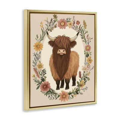 Cadre flottant Cutesy Floral Highland Cow, design par Petal Prints Design