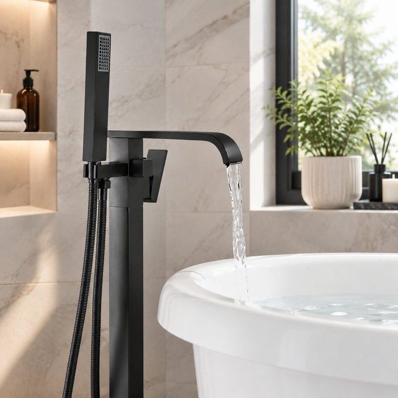 Robinet de baignoire sur pied noir mat moderne avec bec en cascade, douchette en cuivre, flexible de remplissage.