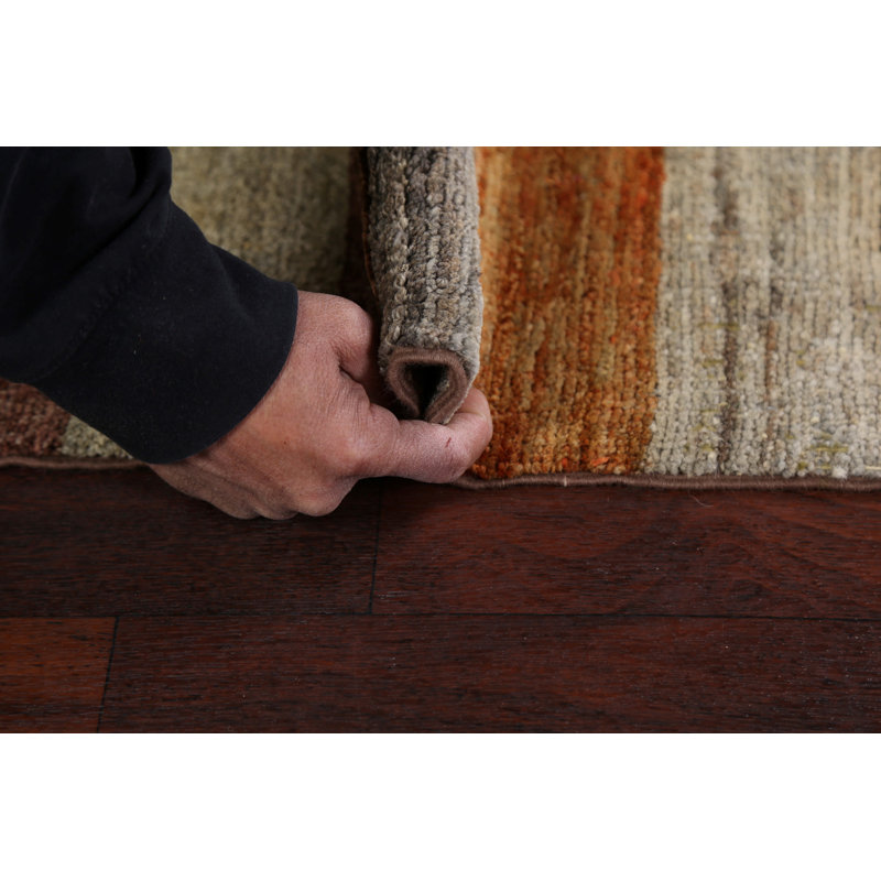 Tapis beige / gris en laine noué à la main de conception unique 2 pi 2 po x 3 pi New Age