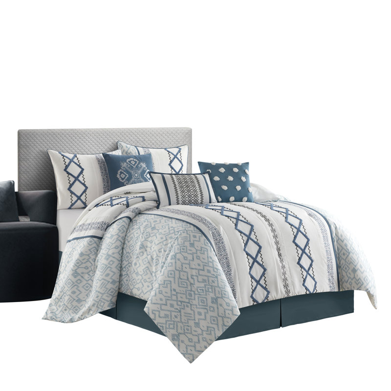 California King Blue and White Geometric Microfiber Comforter Set