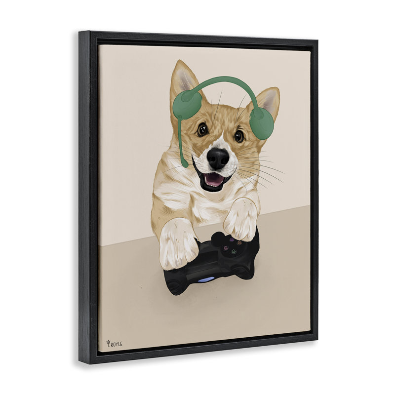 «Happy Gamer Dog», art mural encadré par Tara Royle, Cadre flottant noir de jais, H 21 po x l 17 po