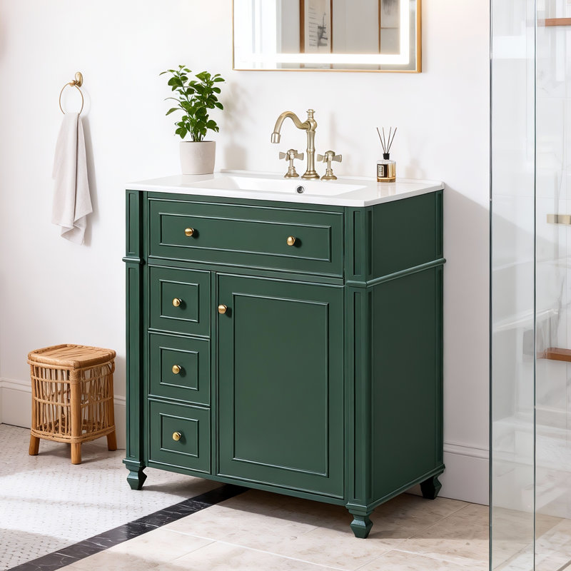 30 Inch Bathroom Vanity Cabinet With Ceramic Sink,Soft Close Doors & Door Organizer Storage, Green
