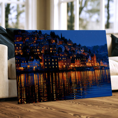 Modern Coastal Night Coastal Village Canvas Wall Art Wrapped Print 40x30 Inch - Living Room Decor