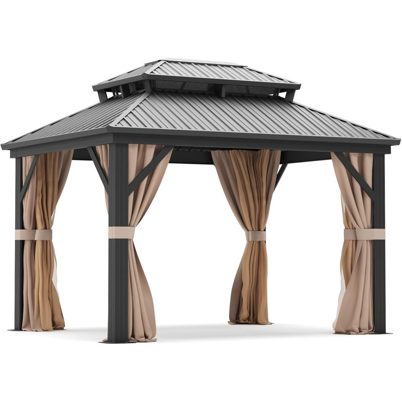 Hardtop Gazebo, Double Roof Gazebo With Aluminum Frame For Patio, Lawn, Backyard, 118.6" H x 143.4" W x 236.3" D