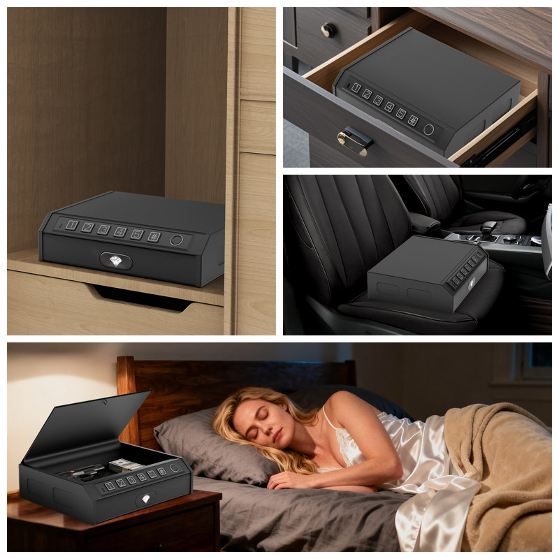 Gun Safe，Biometric Gun Safe for Pistols 3-Ways unlock Fingerprint Digital PIN Key Unlock, with Internal Light, Emergency Power Supply Gun Lock Box for Home Bedroom Bedside Nightstand and Car