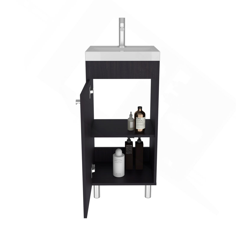 Meuble-lavabo autoportant avec une porte, deux tablettes, un meuble-lavabo en résine, noir