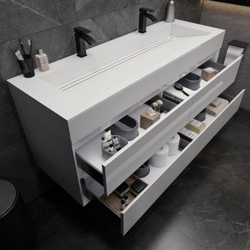 Albizu 59" Wall-Mounted Double Bathroom Vanity, White