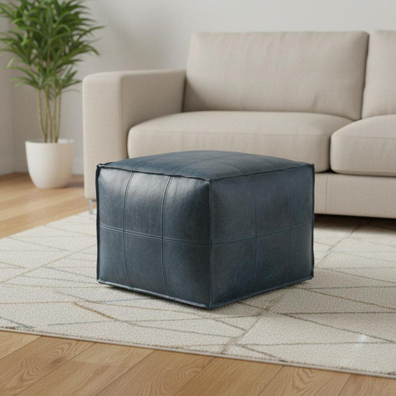 Pouf ottoman en cuir véritable bleu sarcelle de 45 cm