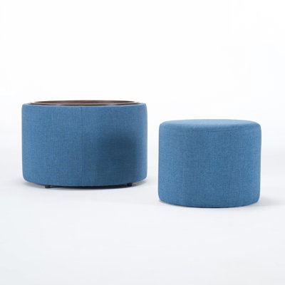 Blue Round Linen Upholstered Nesting Ottomans, 41 Function For Study, Space And Easy To Maintain, Fabric Dorm, Versatile, High Foam Padding