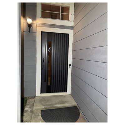 Porte d'entrée extérieure prémontée en acier Ronex 0144, grise, avec imposte latérale et supérieure, style moderne, peinte, largeur 36+16 po x hauteur 96+16 po, ouverture à droite vers l'intérieur