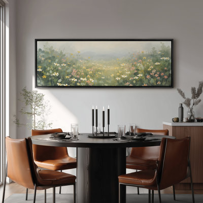 Large Framed Canvas Wall Art - Misty Wildflower Field Landscape Decor - 60"x20", 60"x30"