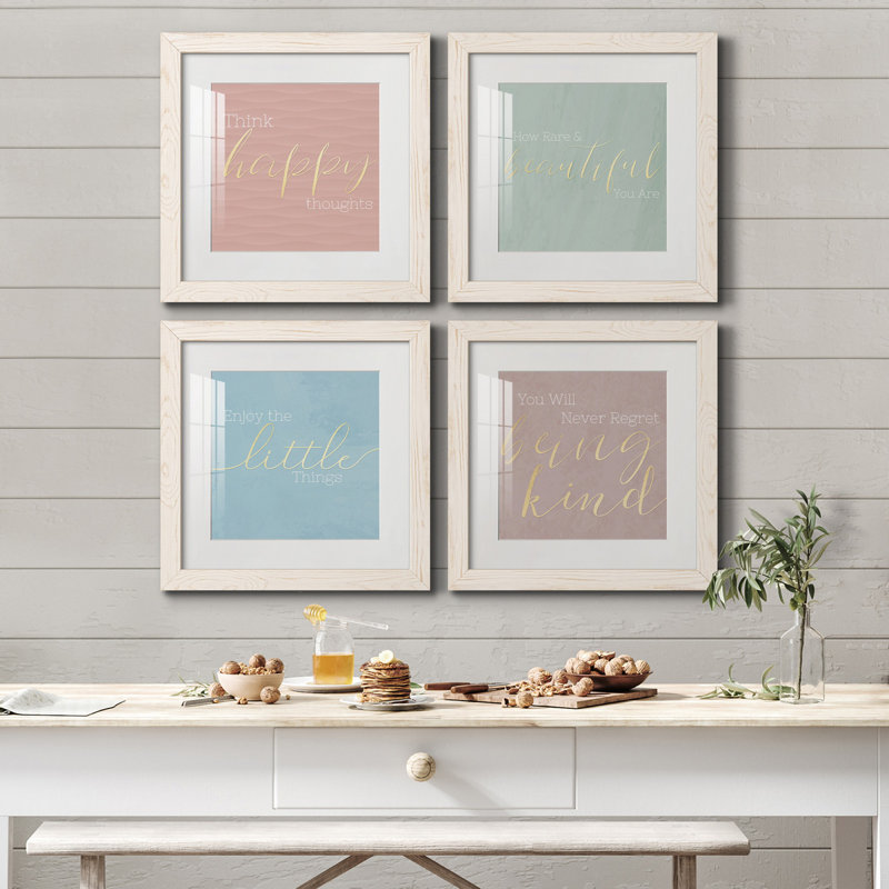 Pensées heureuses - ensemble de 4 pièces d'art textuel sur toile, Cadre blanc, H 17 po x l 34 po x P 1,5 po