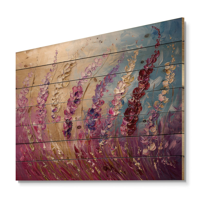 Fleurs violettes, beauté sauvage dépliée I - art mural en bois Violettes - sur bois de pin naturel