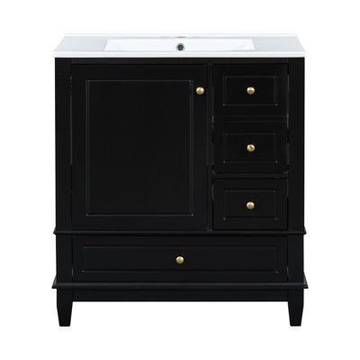 Bathroom Vanity 30" With Sink, Black, Robust Material, Door, One Door Shelf And 3 Drawers Black Design, Soft Close Three Included