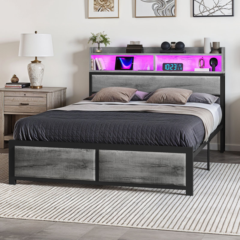 Kingsize Bed Frame with LED Headboard, Metal Platform Bed Frame with USB Ports&Charging Outlets, 2 Tiers Storage Shelves