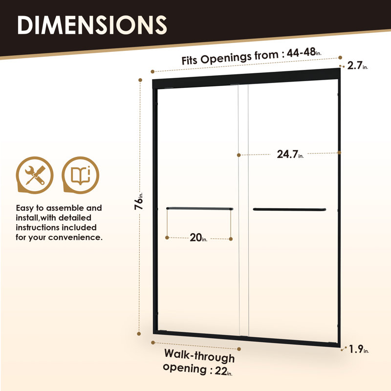 Porte de douche encadrée avec verre transparent l 48 po x H 76 po Ennis, Noir mat