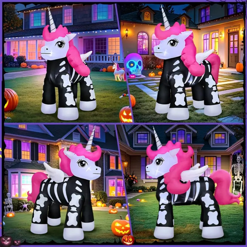 Décoration gonflable d'Halloween 5 pi, lumières DEL intégrées, licorne squelette rose