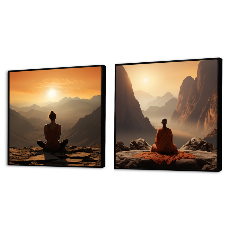 2 pièces sur toile - Yoga Mountain Pose Horizon, Cadre flottant noir, H 36 po x l 73 po