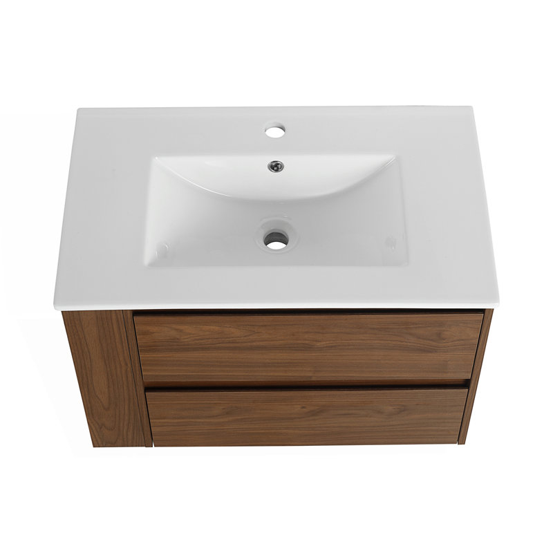 Meuble-lavabo mural avec lavabo en céramique, Chêne brun