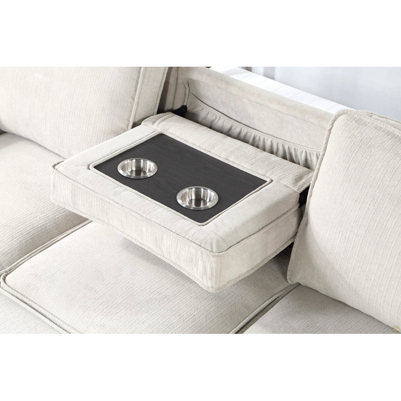 Ella 86.5"W Beige Fabric Reversible Sleeper Sectional With Storage Chaise Drop-Down Table 2 Cup Holders And 2USB Ports