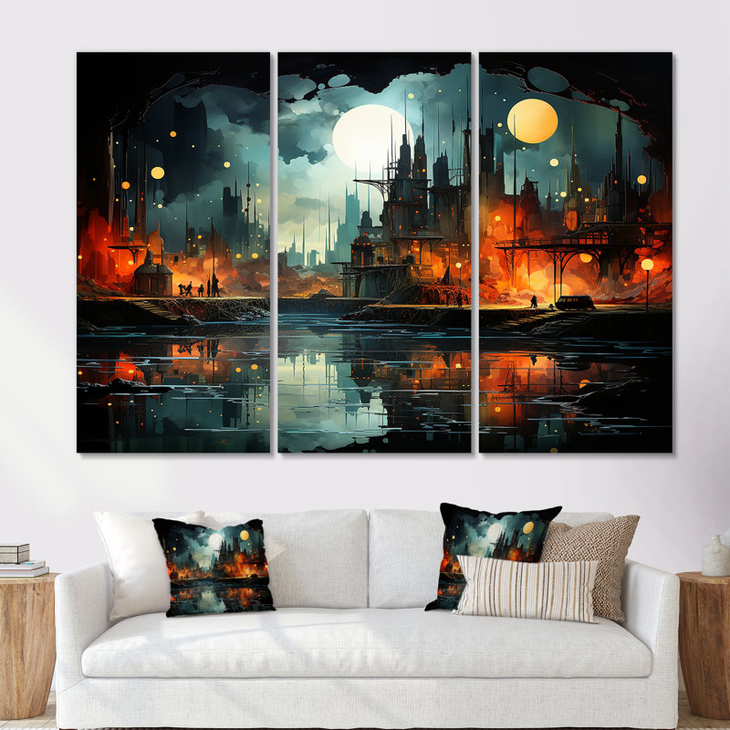 Onyx Outline Industrial Horizon - ensemble d'art mural usines, Toile tendue, H 32 po x l 48 po x P 1 po