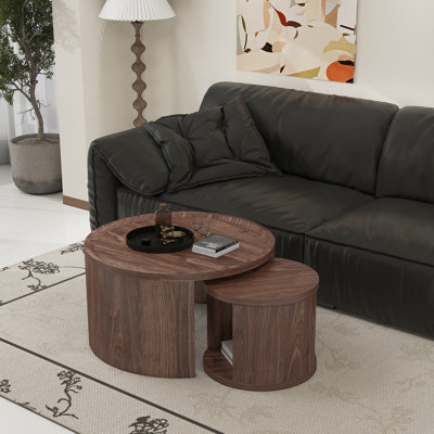 Round Nesting Coffee Table Set Of 2, Natural Wood Color Coffee Table, 31.5" Large & 18" Small Low Tables With Wood Top, Center Table For Living Room,