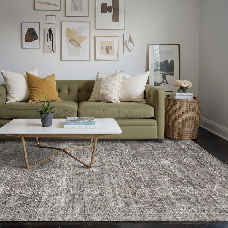 Area Rugs 5X7 For Living Room Bedroom, Grey Washable Rug, Vintage Retro Boho Rug, Non Slip & Low Pile Faux Wool Thin Carpet For Indoor Dining Room, Dorm Room(Taupe/Grey 5X7ft)