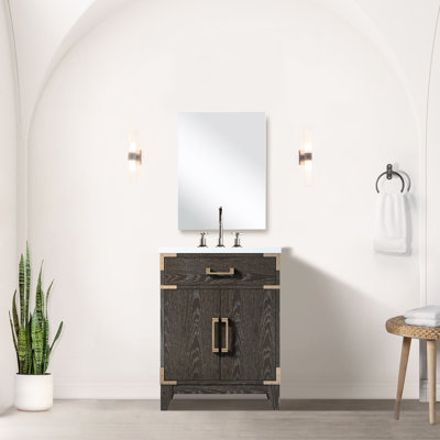 24 po De salle de bain en chêne brun, avec comptoir en acrylique, miroir, meuble-lavabo simple en chêne, comptoir,