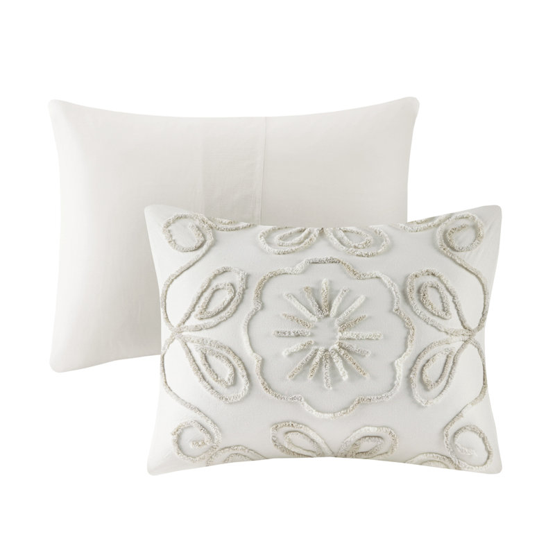 Ivory Full Tufted Cotton Chenille Coverlet Set with Graphic Detail