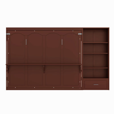 Queen Size Murphy Bed With Height Adjustable Storage Compartments And Shelf, Wall Bed Frame With 1 Drawer, Multifunctional Foldable Platform Bed For Bedroom,Guest Room