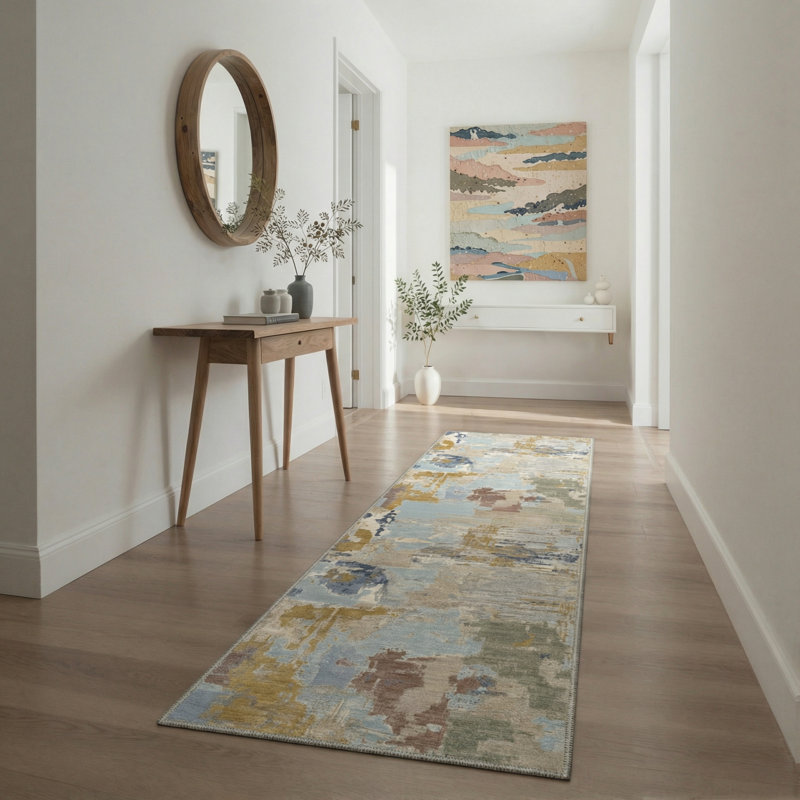 Abstract Brush Strokes Machine Washable Slate Neutral Indoor Area Rug With Non-Slip Backing, Runner 2' x 6'