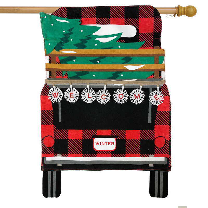 Red Checkered Truck Domnic Burlap House Flag, Red/Green/Black/Brown