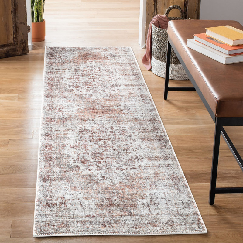 Tapis traditionnel lavable antidérapant - ivoire / rosé pour vestibule, couloir, salle de bain et cuisine - Fennimore