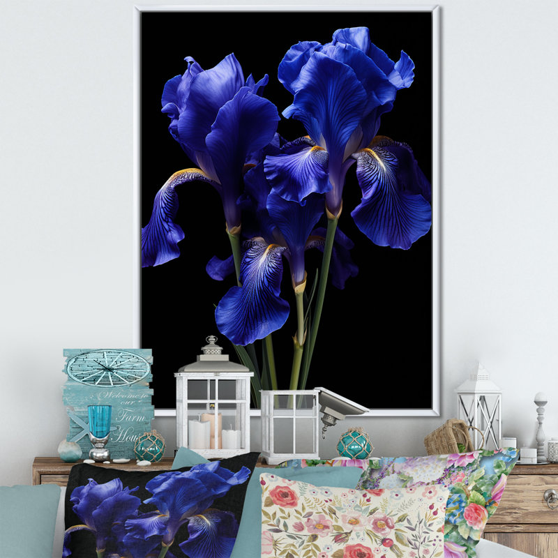 Élégants iris en noir et bleu - Art mural iris, Cadre flottant blanc, H 40 po x l 30 po x P 1,5 po