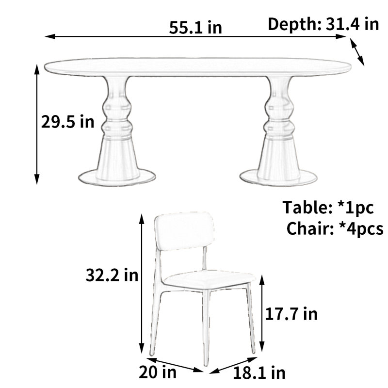 Petite table à manger et chaise de qualité appartement, H 29,5 po x L 55,1 po x l 31,4 po
