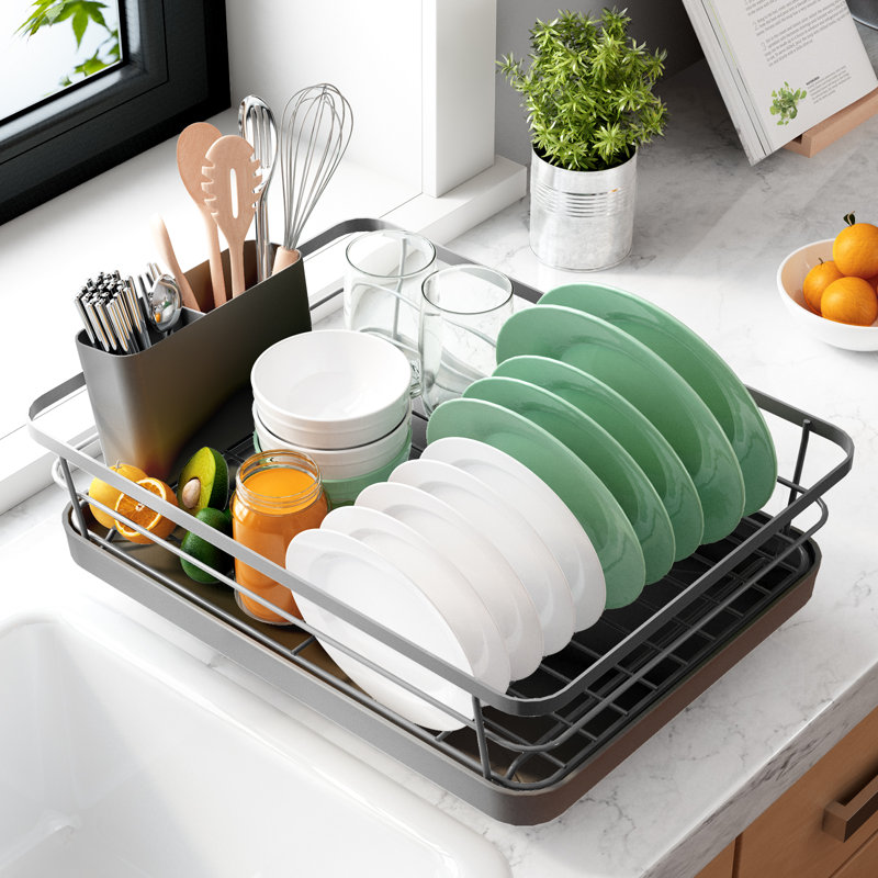 Dish Drying Rack - Compact Dish Rack with Utensil Holder & Adjustable Water Outlet, Rust-Proof & Scratch-Resistant Drying Rack for Kitchen, 14.5" x 12.0" x 4.0", Grey