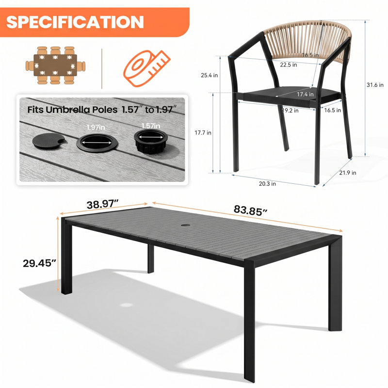8 - Person Aluminum Outdoor Dining Set With Stacking Chairs And Umbrella Hole, Dark Gray, Brown
