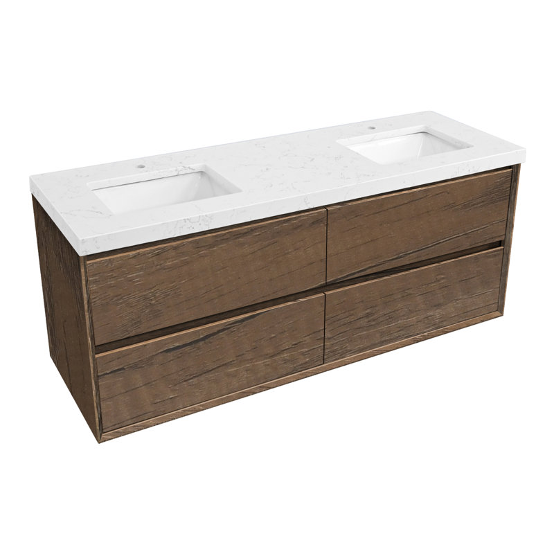 Wall-Mounted Bath Vanity With Engineered Marble Top, Antique Oak, 60"