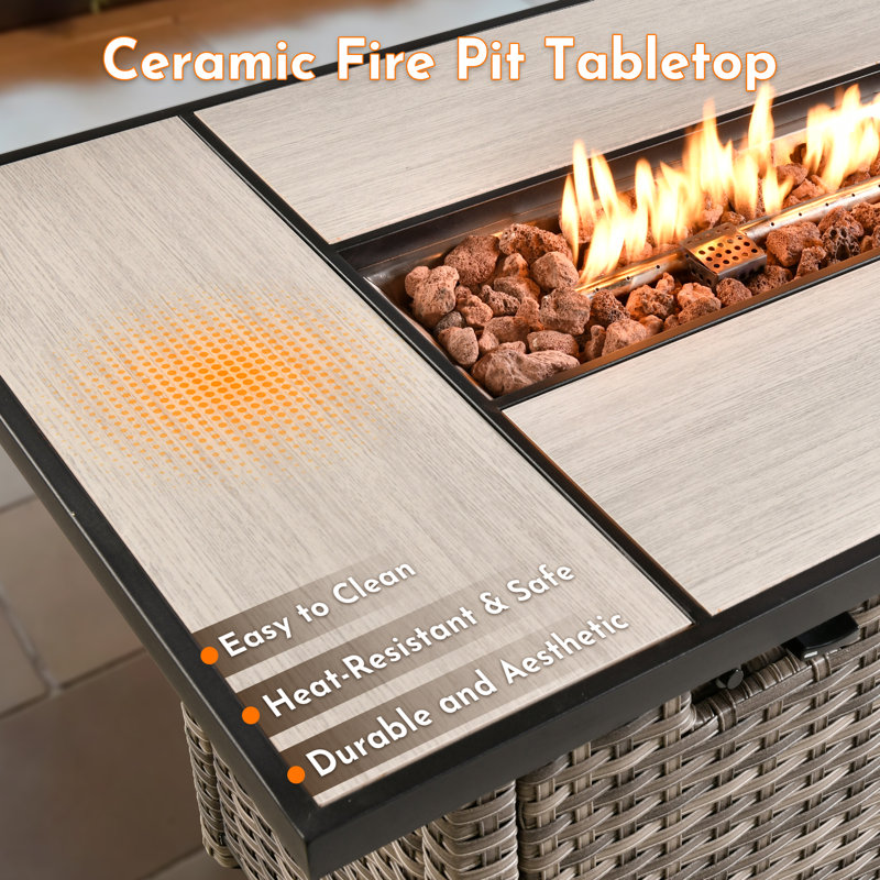 26"D X 42.15"W Rectangular Outdoor Fire Pit Table,Wicker Rattan Propane Heater For Patio, Garden, Backyard