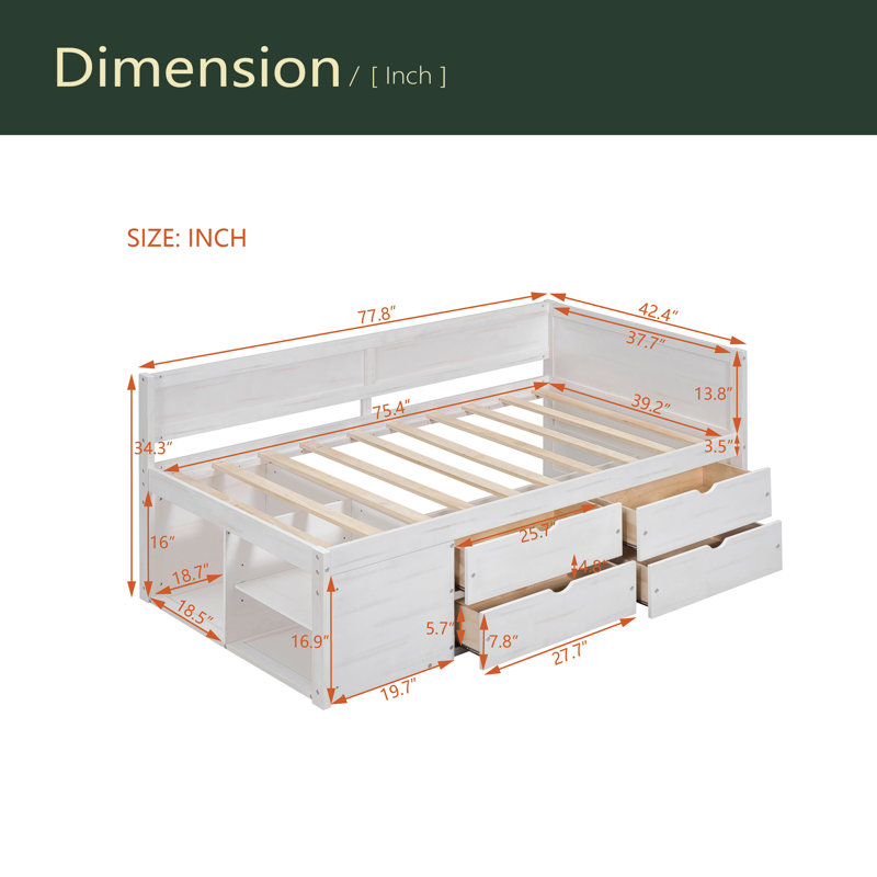 Lit de jour avec tiroirs et tablettes, Lit simple, Blanc