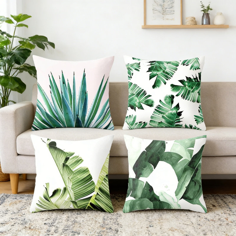 Ensemble de 4 taies d'oreiller épaissies à motif tropical de taie d'oreiller 45 x 45 cm / 17,7 x 17,7 po, B1, Vert tropical 1