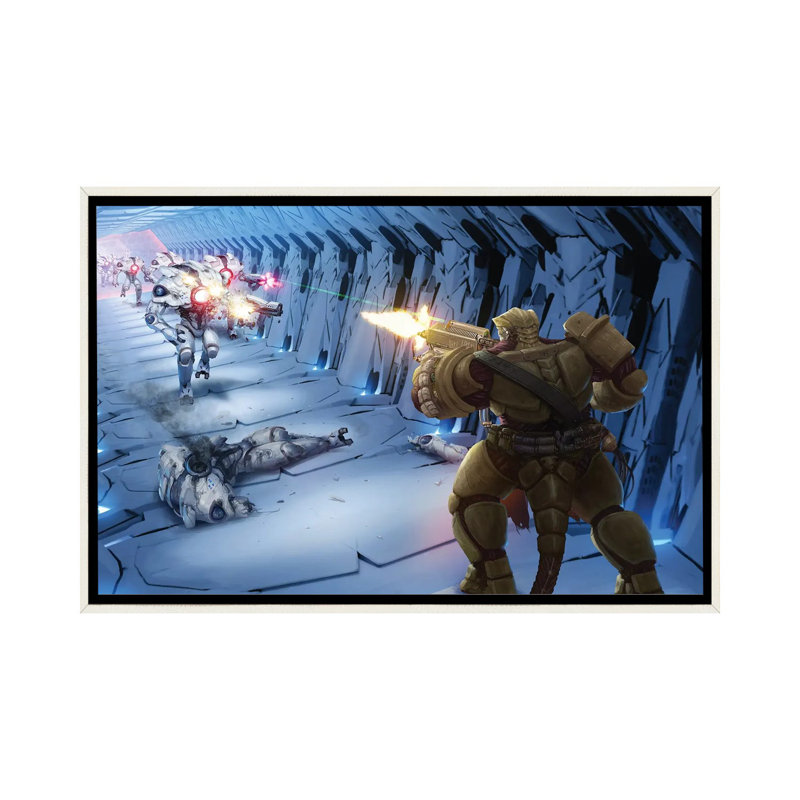 «Obozaya Gunning Down Robots», reproduction d'art sur toile encadrée, H 26 po x l 40 po, Blanc patiné