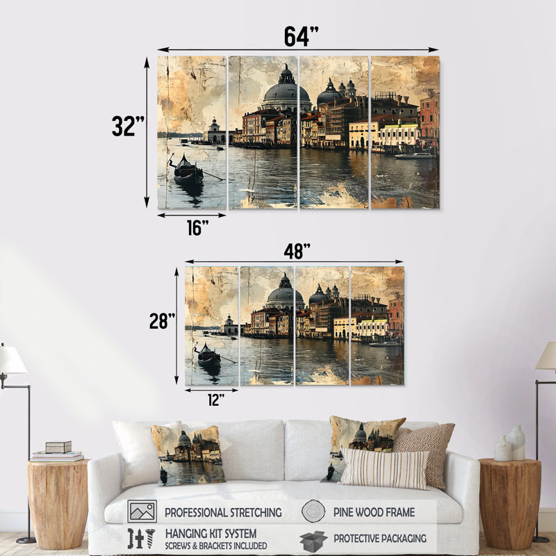 Vintage Venice Journal Gondola On Grand Canal - Venice Wall Art Set 4 Piece, 28" H x 48" W