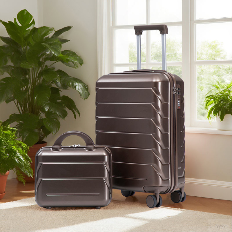 14 "/ 20" 2 pièces / ensemble dans un bagage à roulettes en ABS, avec serrure à combinaison, étui à cosmétiques 14 "(brun)