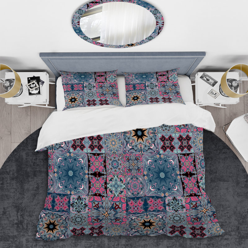 Blue Floral Patchwork - Ensemble de housse de couette à motif, Housse de couette simple + 1 taie décorative stan
