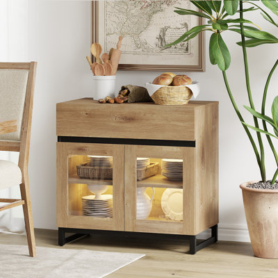 Buffet Buffet avec portes en verre et un tiroir, crédence moderne avec tablette réglable et base en métal, armoire de rangement pour café, salon, cuisine